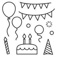 Party Decorations Balloons, Cake, Bunting, Candles, and Fireworks vector