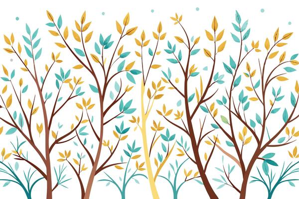 Stylized Trees with Teal and Gold Autumn Leaves Design