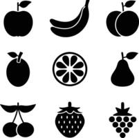 Black Fruit Icons Apple, Banana, Plum, Orange, Pear, Strawberry, Grape, Cherry vector