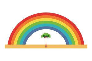 Vibrant Rainbow Arching Over a Lonely Tree in a Desert vector