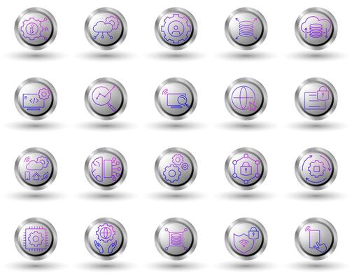 Set of technology information gradient line icons, with button background and white background, to visually enhance your reports, presentations, websites and apps.