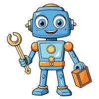 cartoon robot holding toolbox and wrench vector