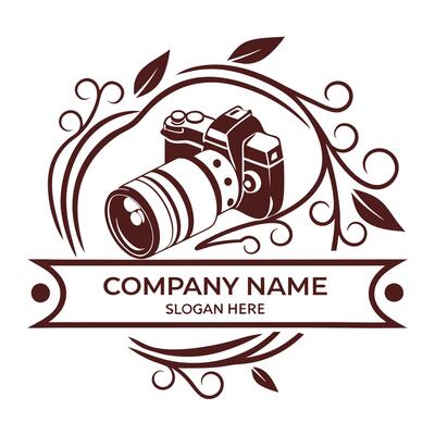 a camera logo with a frame and leaves
