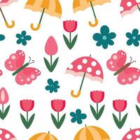 Charming Spring Pattern Butterflies and Umbrellas Design. vector
