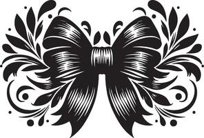 A black and white drawing of a bow with swirls vector
