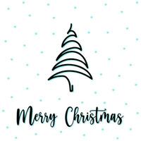 Zigzag wavy line fir tree greeting card with Merry Christmas lettering. Hand drawn wavy line fir tree, snowfall on background. Doodle wavy line fir tree for typography, design, textile. New year tree vector