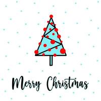 Minimalist Christmas tree greeting card with Merry Christmas lettering. Hand drawn minimalist fir tree with red garland, snowfall on background. Minimalist thin line spruce in geometric style. vector