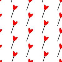 Hand drawn seamless pattern with Sweet lollipop in heart shape icon. Doodle red candy on the stick isolated on white background. Wrap for Valentines day, Xmas, New Year, Easter, Halloween, birthday vector