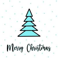 Minimalistic christmas tree greeting card with Merry Christmas lettering. Doodle cartoon funny fir tree with snowfall on background. Outline new year tree in doodle style Geometric spruce postcard vector