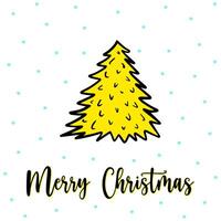 Modern Christmas tree greeting card with Merry Christmas lettering. Modern xmas tree with fir needles and snowfall. Modern thin line xmas tree in grunge style. Doodle outline spruce, modern xmas tree vector