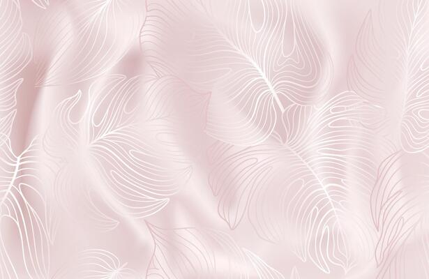 Seamless pattern with tropical leaves over realistic texture of pink silk background. The texture of textile with flourish nature garden motif