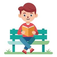 A Boy Reading Calmly on a Bench in the Park vector