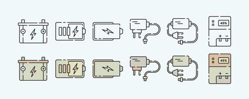 Minimalist Flat Icon Set for Battery, Charger, and Adapter with Outline and Illustration Variations vector