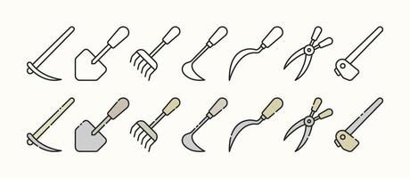 Minimalist Flat Icon Set for Essential Garden Tools with Outline and Illustration Variations vector