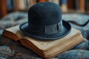 Old bowler hat resting on open book in library photo