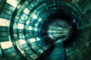 Subway tunnel with lights creating vortex effect photo