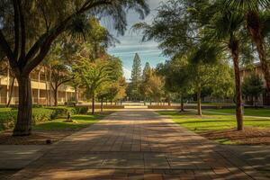 Empty college campus path leading to trees and buildings photo