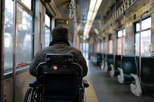 Man in wheelchair riding empty subway train photo