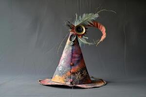 Handmade witch hat standing on gray background with floral pattern and feather photo