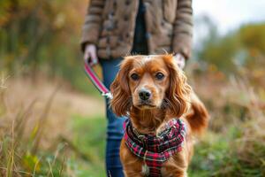 Beautiful spaniel dog wearing red bandana enjoying a walk in autumn photo