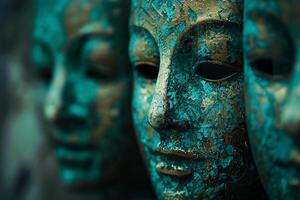 Row of turquoise and gold masks with intricate carvings photo