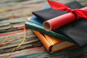 Red diploma with ribbon lying on stack of books on wooden background photo