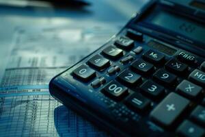 Calculator sitting on spreadsheet calculating financial data photo