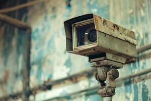Old security camera monitoring an abandoned building photo