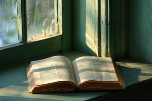 Open book resting on windowsill with sunlight streaming through window photo