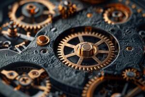 Complex clockwork mechanism with interlocking gears operating photo