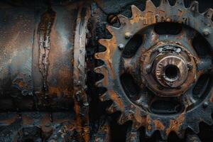Old rusty gear covered with black grease is being part of large industrial mechanism photo