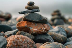 Stack of dark and colorful pebbles balancing on each other on the coast photo
