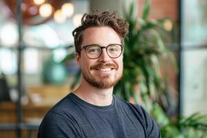 Young professional smiling in modern office environment photo