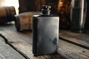 Old rugged metal flask sitting on rustic wooden tabletop photo