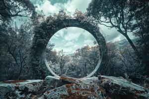 Stone circle covered in vines framing a view of a forest in infrared photo