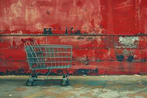 Empty shopping cart standing by red wall in urban setting photo