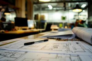 Architect office desk covered with blueprints showing house plans photo