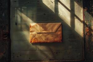 Old sealed envelope lying on dirty surface with sunlight shining through window photo
