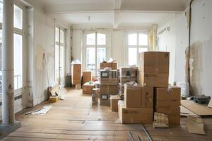 Cardboard boxes laying on hardwood floor in room with tall windows photo