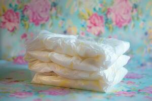 Stack of disposable diapers on floral pattern background photo