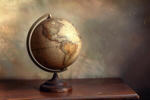 Antique world globe sitting on desk with world map in background photo