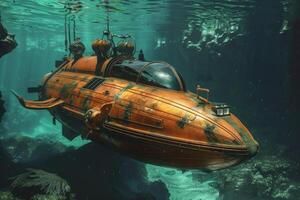 Old steampunk submarine exploring the depths of the ocean photo