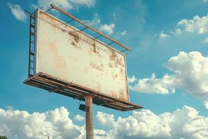 Old large blank billboard with torn poster on cloudy sky background photo