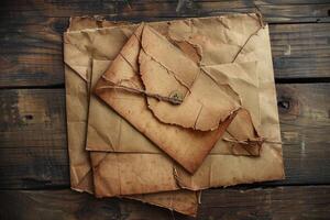 Stack of old weathered letters tied with string lying on wooden table photo
