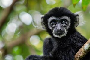 Young black monkey sitting on a tree branch in a tropical forest photo