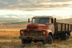 Old rusty truck sitting in faded glory on a farm at sunset photo