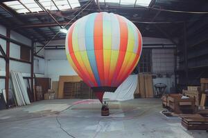Hot air balloon being prepared for flight inside warehouse photo