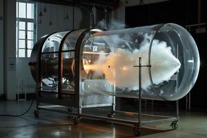 Rocket engine being tested on a test bench with smoke and fire photo