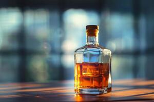 Bottle of alcohol sitting on table in front of window photo