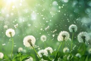 Dandelion seeds blowing in wind on green background on sunny day photo
